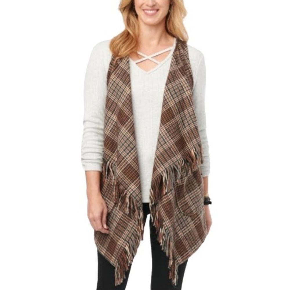 Democracy long Size S fringed plaid vest brown High low hemline polyester*